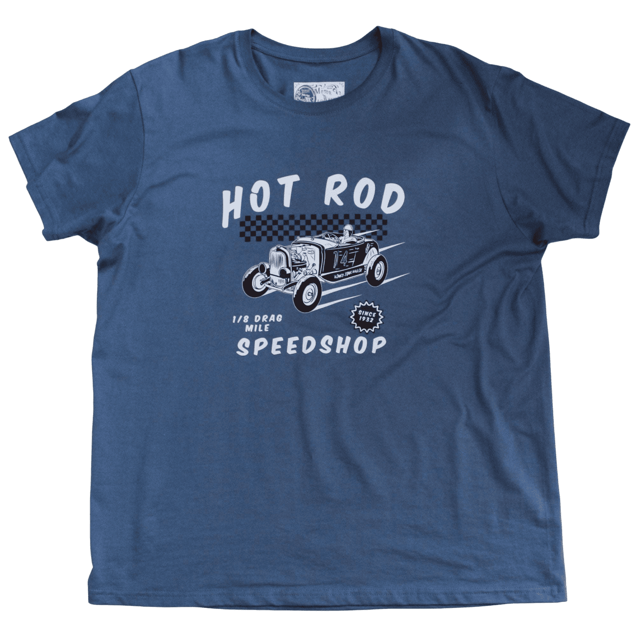 T-shirt bleu "Hot Rod Speedshop", style garage vintage, coton bio, Motor Wheels Clothing