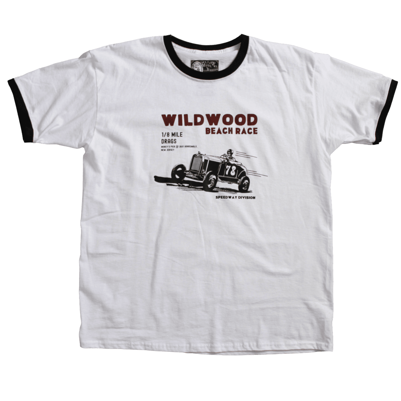 T-shirt ringer "WILDWOOD", blanc et bleu, inspiré des beach races, style vintage, Motor Wheels Clothing