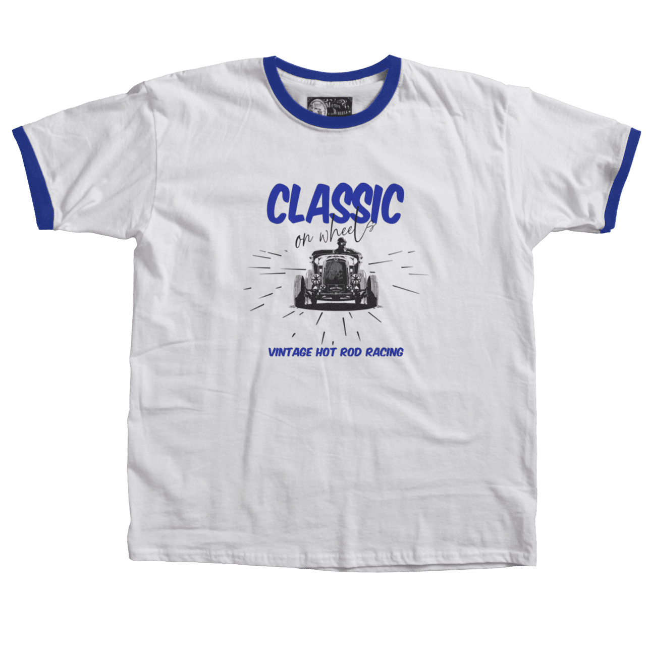 T-shirt ringer "Classic on Wheels", blanc et noir, look vintage garage, Motor Wheels Clothing