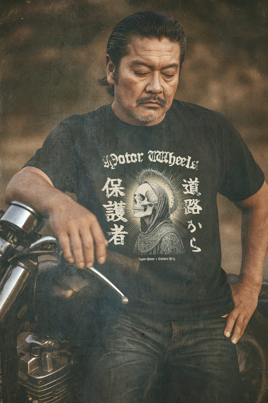 T-shirt noir "Protecteur de la Route" Motor Wheels avec moine-squelette auréolé et caractères japonais "Protecteur de la route"