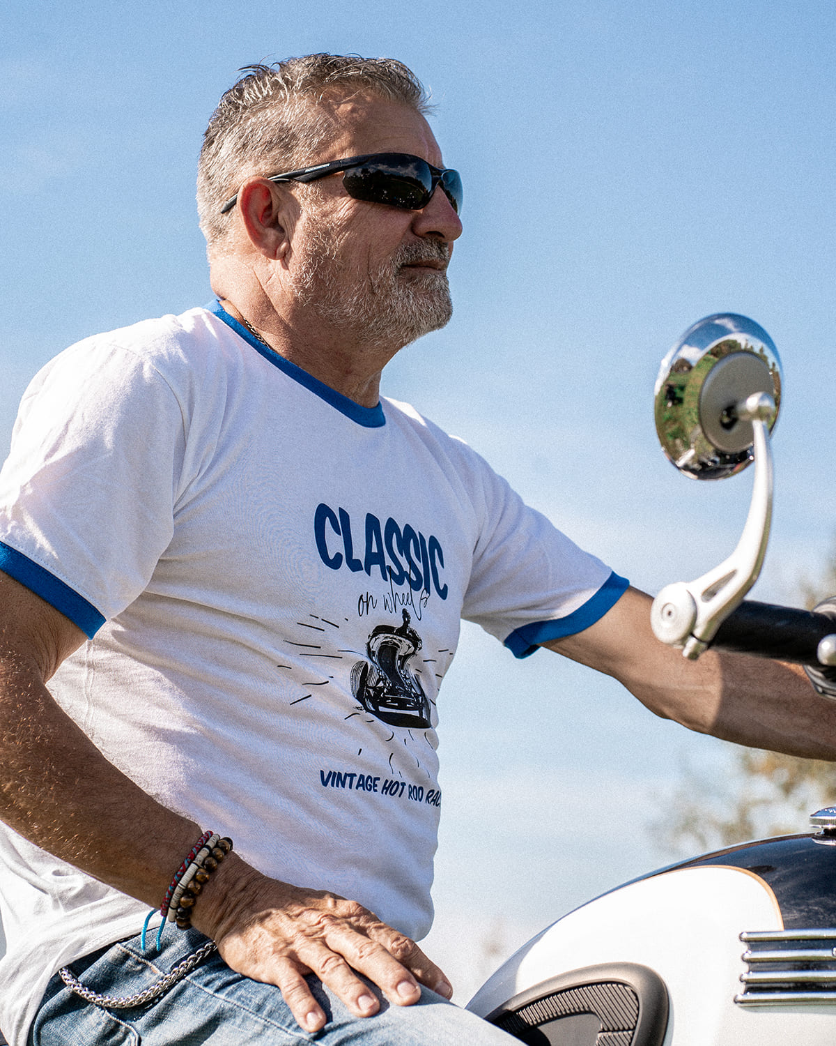 T-shirt ringer "Classic on Wheels", blanc et noir, look vintage garage, Motor Wheels Clothing