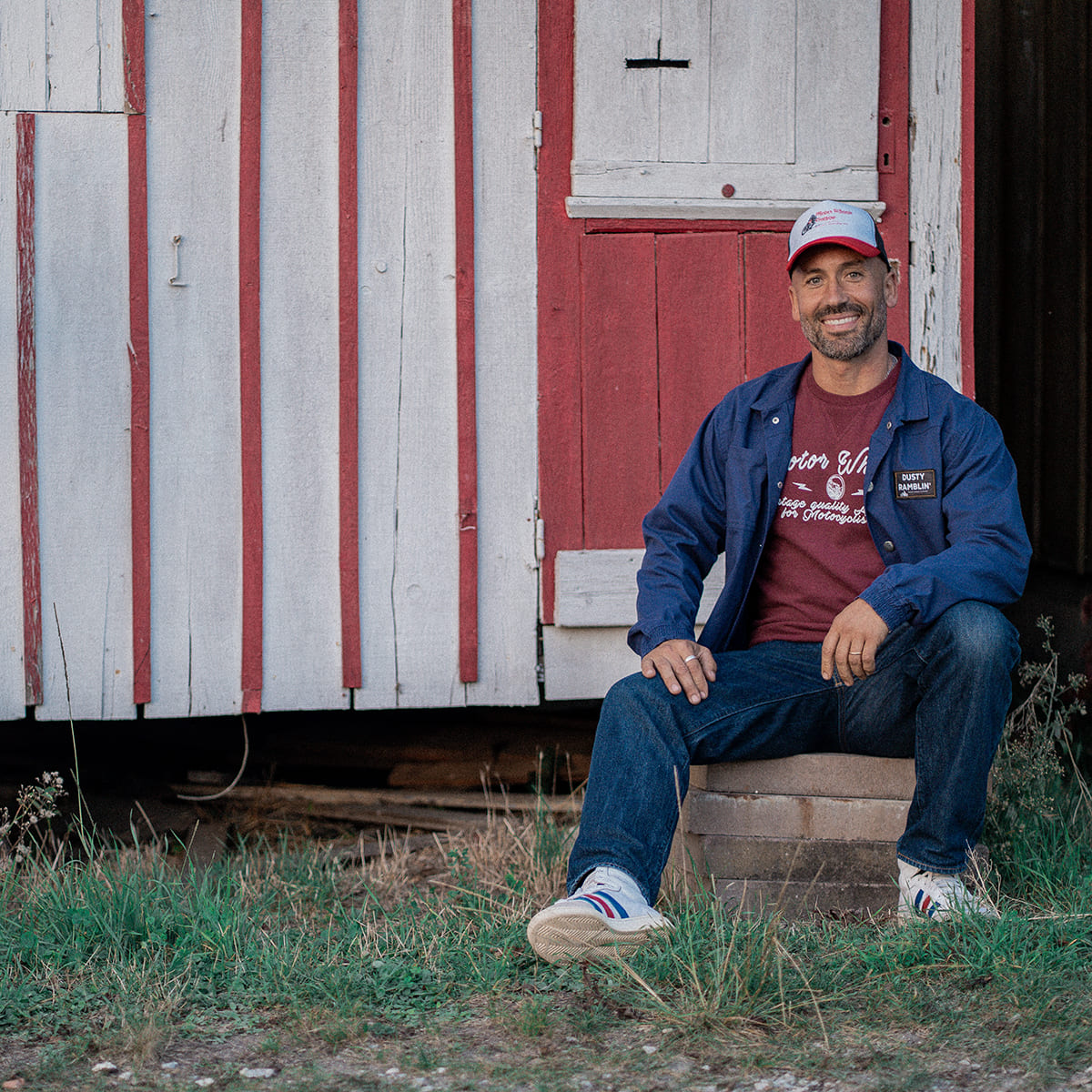 Veste de travail bleue "Dusty Ramblin’" Motor Wheels avec patch brodé, boutons-pression et style workwear vintage
