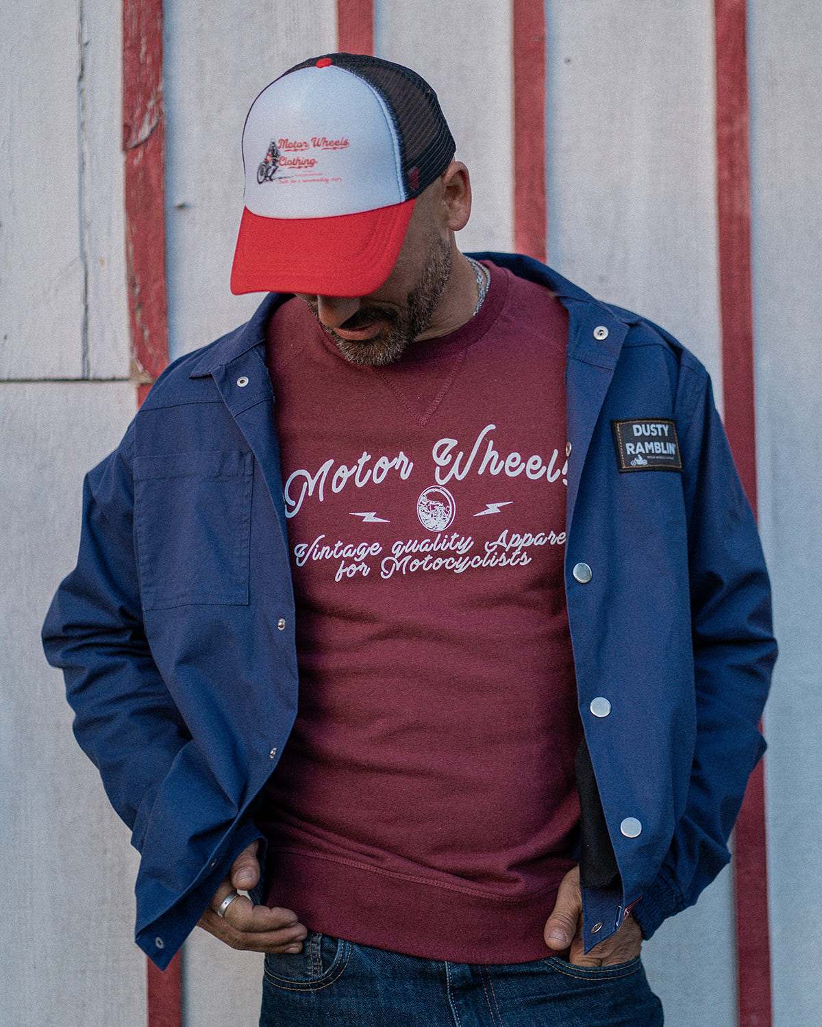 Veste de travail bleue "Dusty Ramblin’" Motor Wheels avec patch brodé, boutons-pression et style workwear vintage