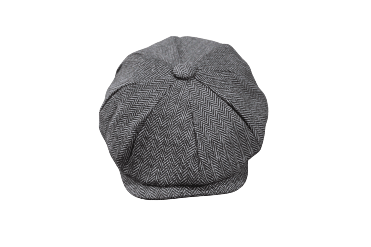 Casquette gavroche grise "Heritage" en tissu chevron, 8 panneaux et visière cousue, style vintage newsboy.