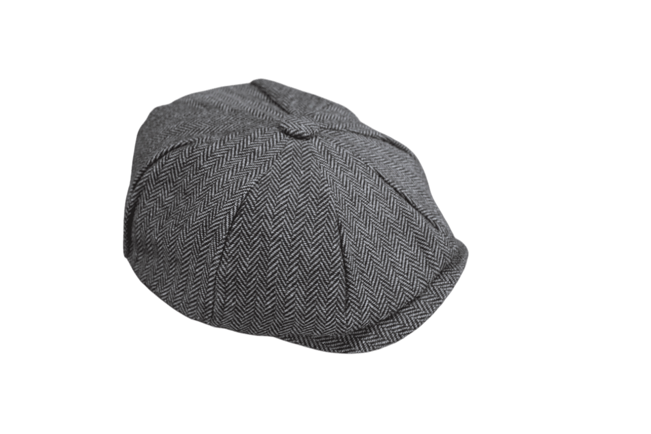 Casquette gavroche grise "Heritage" en tissu chevron, 8 panneaux et visière cousue, style vintage newsboy.