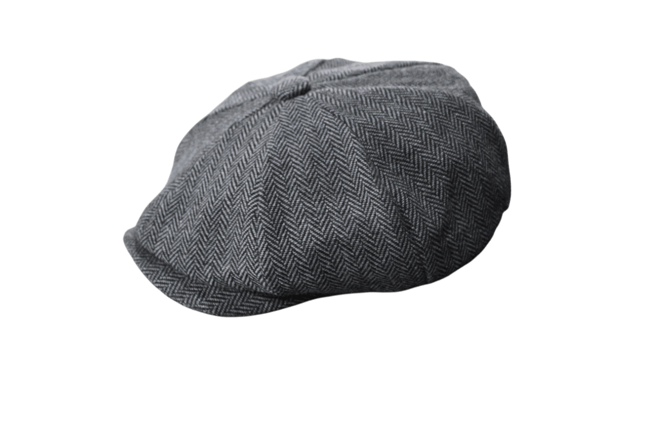 Casquette gavroche grise "Heritage" en tissu chevron, 8 panneaux et visière cousue, style vintage newsboy.
