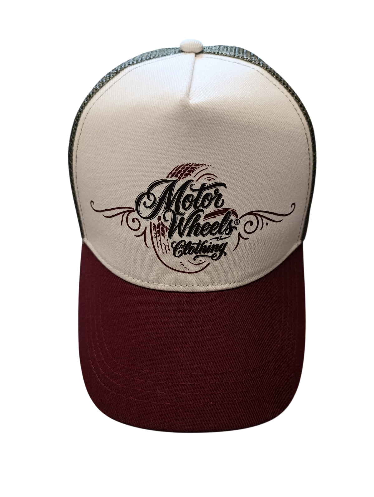 Casquette trucker éco-responsable ivoire et bordeaux Motor Wheels Clothing en coton biologique