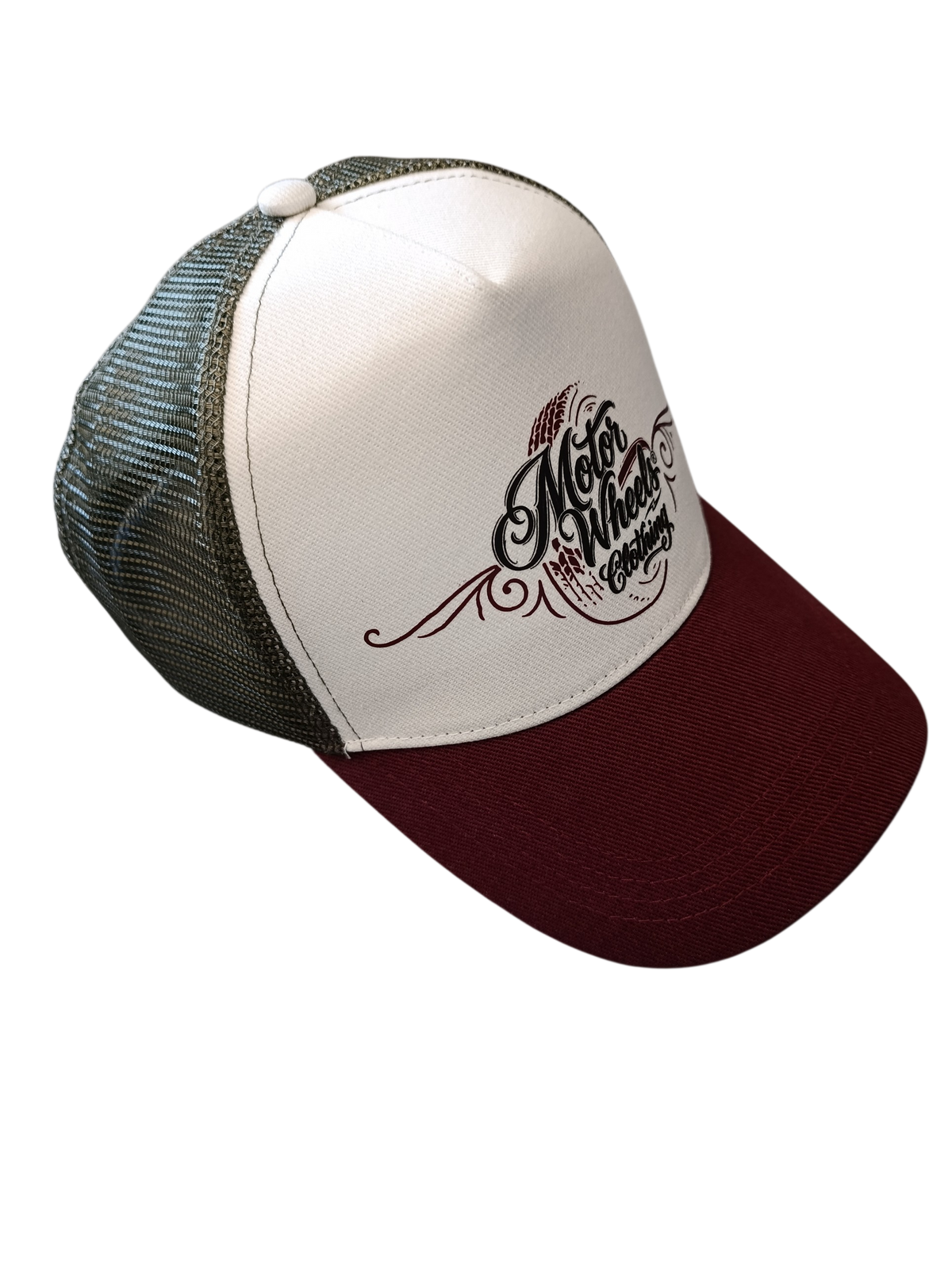 Casquette trucker coton bio Motor Wheels logo calligraphié vue de côté, coloris ivory dark cherry
