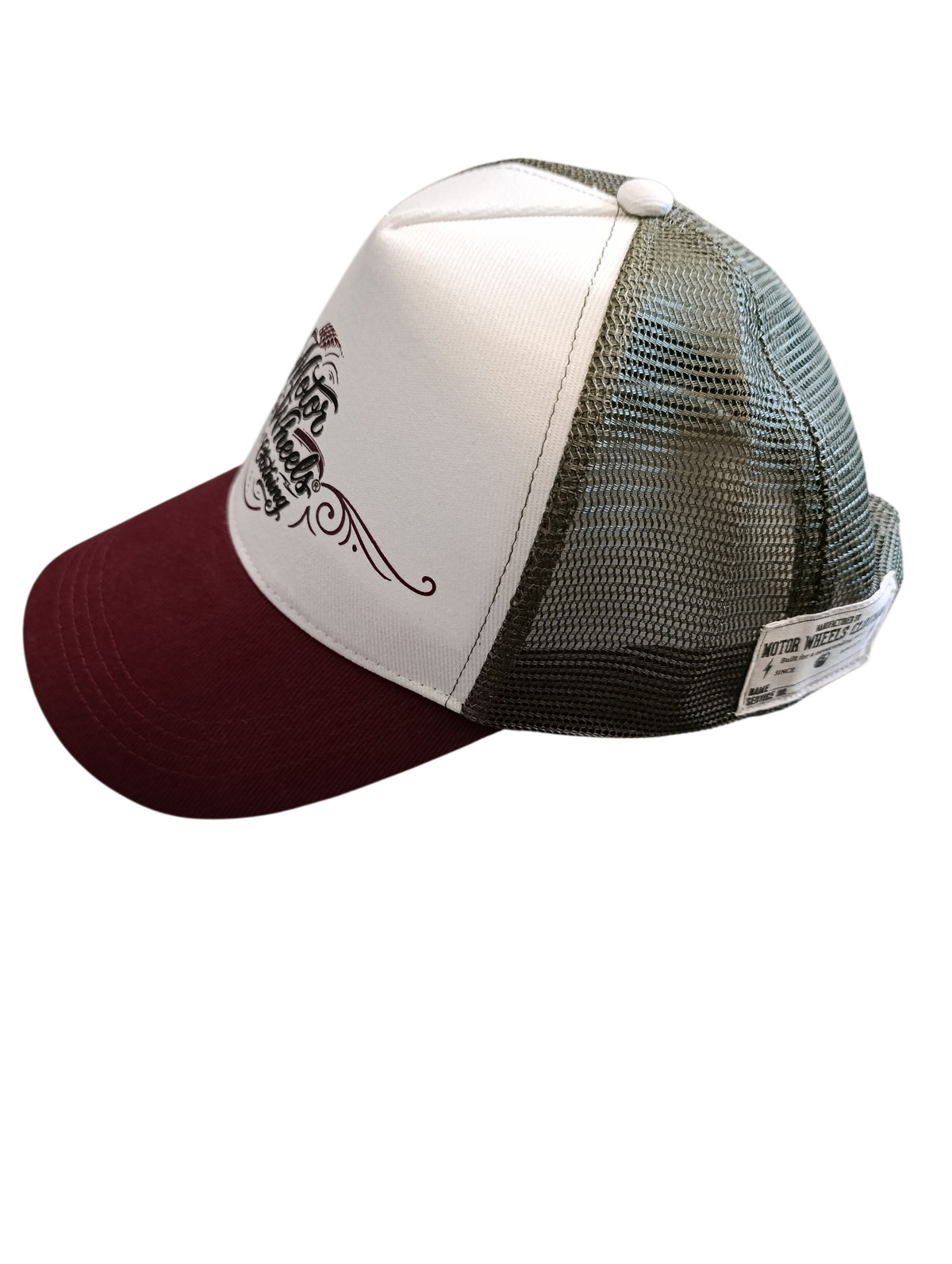 Casquette trucker Motor Wheels Clothing profil droit, étiquette tissée et mesh kaki recyclé
