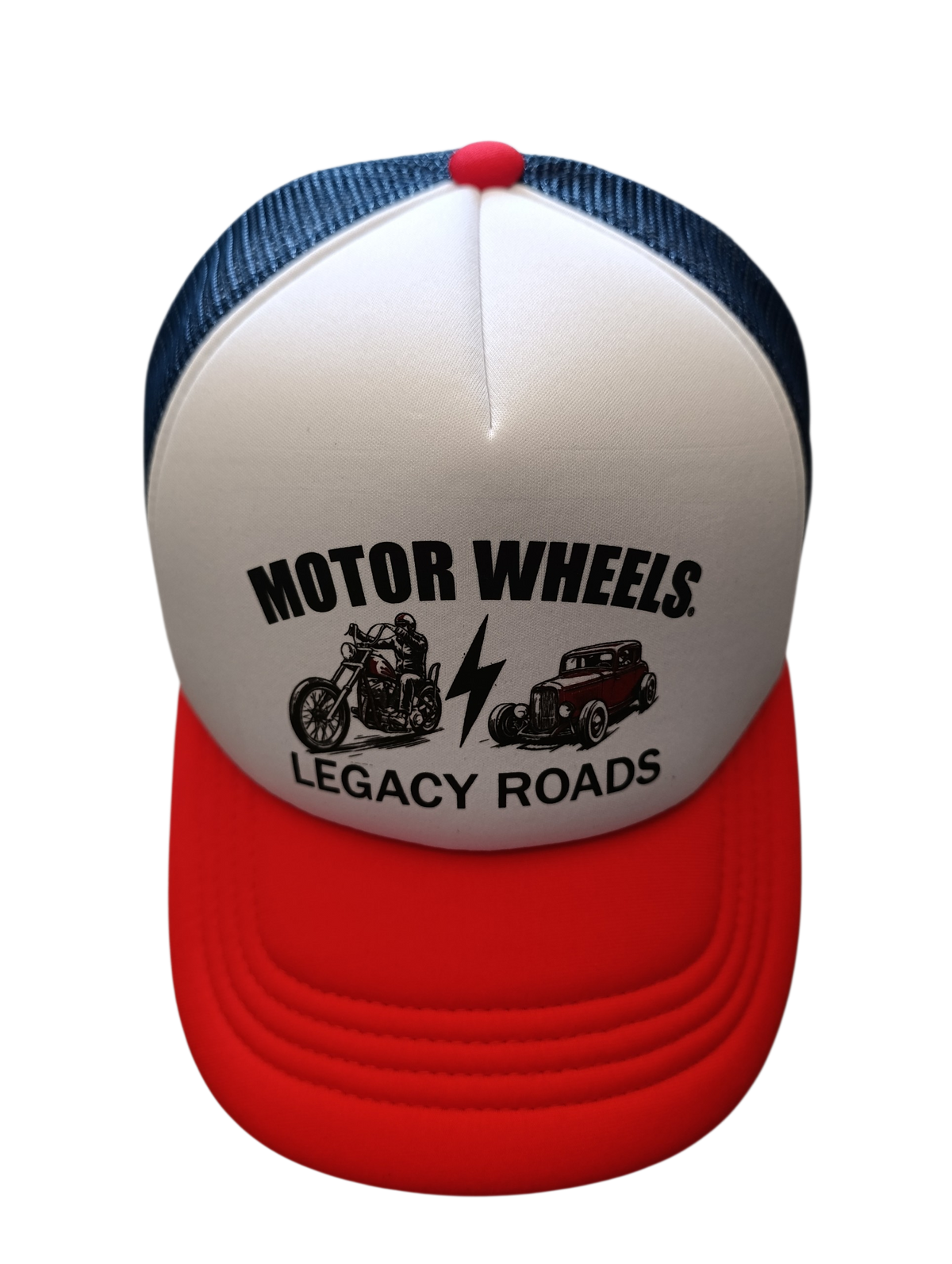 Casquette trucker Motor Wheels Legacy Roads bleu marine et rouge avec imprimé moto et hot rod vintage