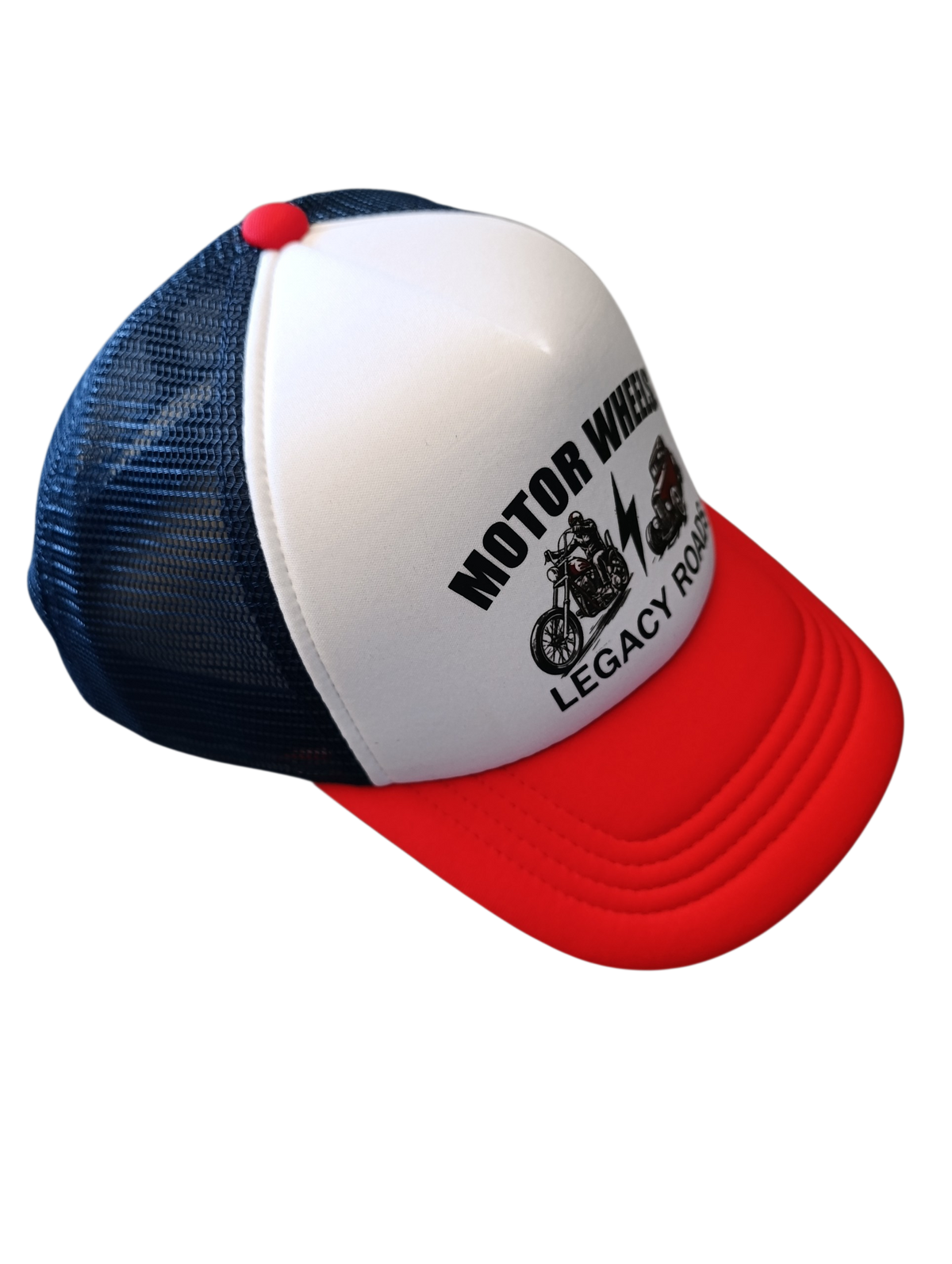 Casquette trucker Legacy Roads Motor Wheels Clothing vue de côté, filet respirant bleu marine