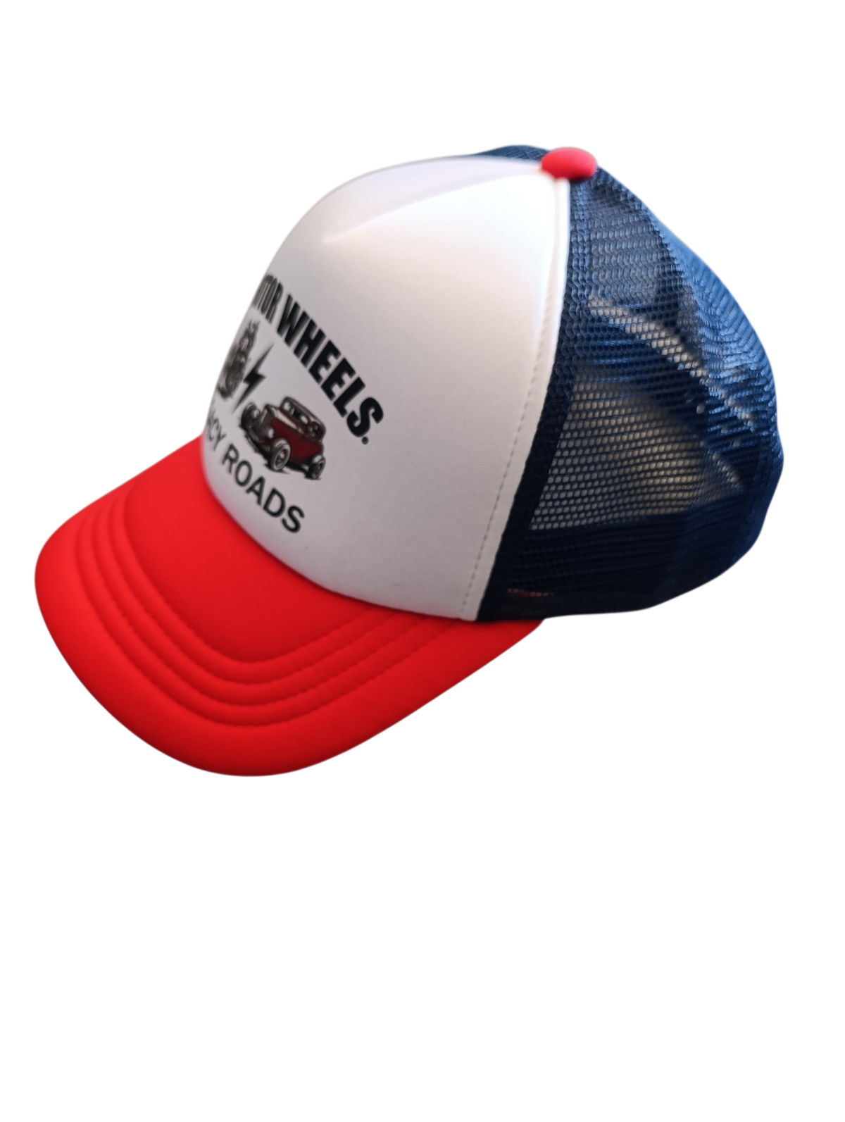 Profil casquette trucker rouge et bleu marine Motor Wheels avec logo Legacy Roads