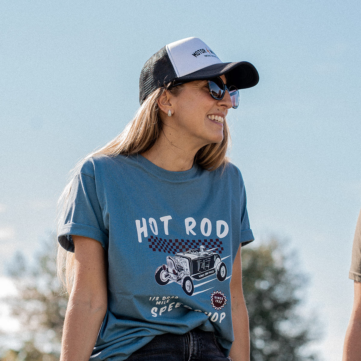T-shirt bleu "Hot Rod Speedshop", style garage vintage, coton bio, Motor Wheels Clothing
