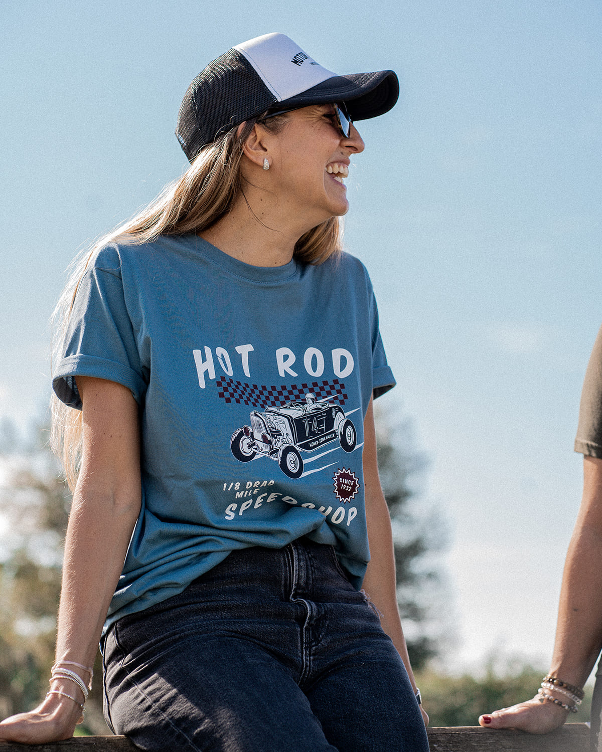 T-shirt bleu "Hot Rod Speedshop", style garage vintage, coton bio, Motor Wheels Clothing
