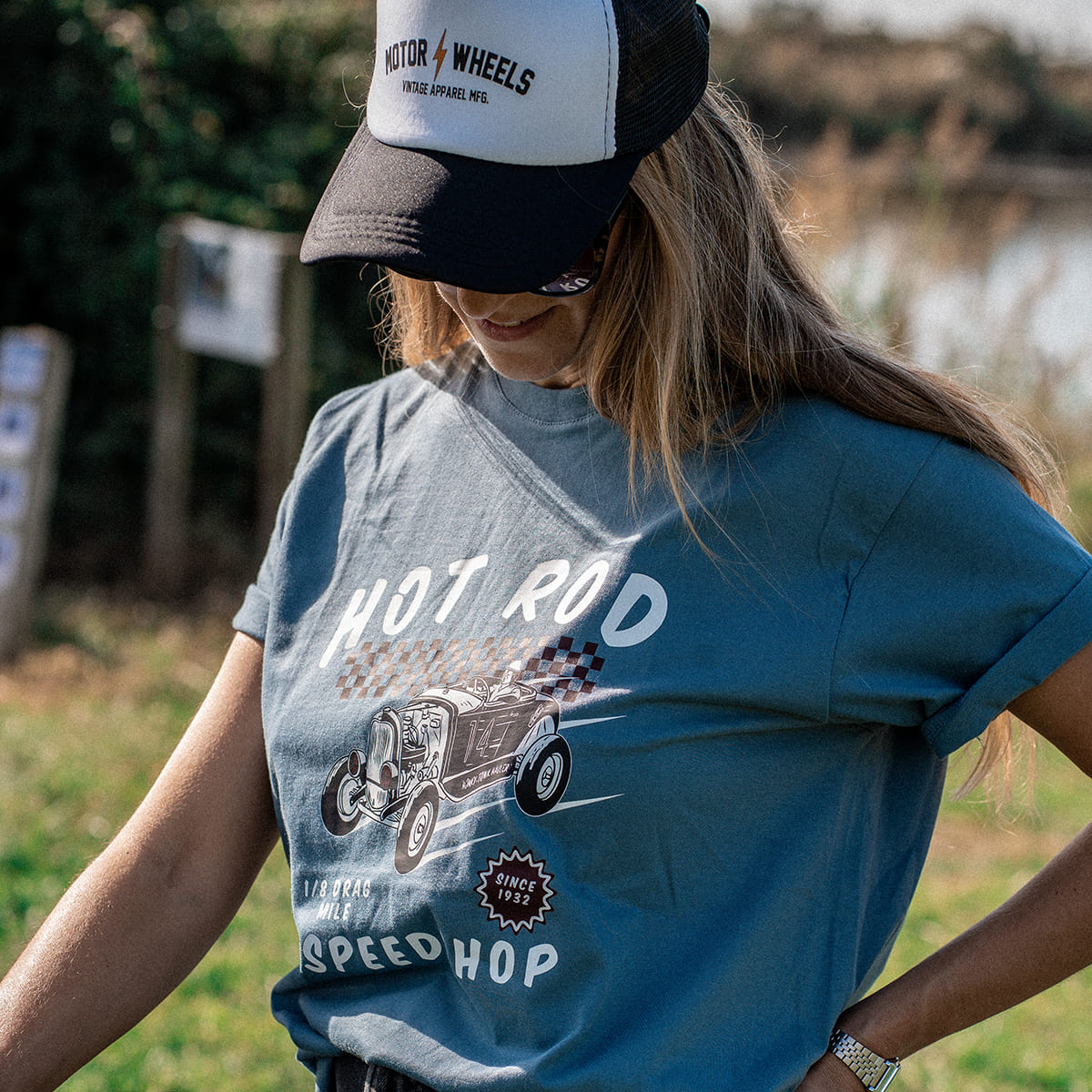 T-shirt bleu "Hot Rod Speedshop", style garage vintage, coton bio, Motor Wheels Clothing