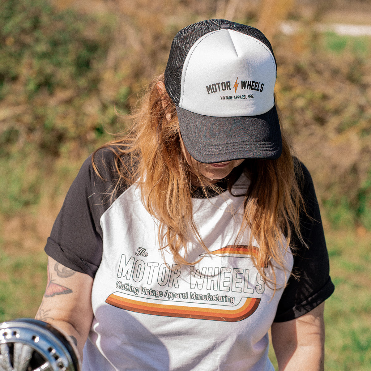 T-shirt baseball "KUSTOM PUNTA" blanc et noir, coton bio, style garage vintage, Motor Wheels Clothing