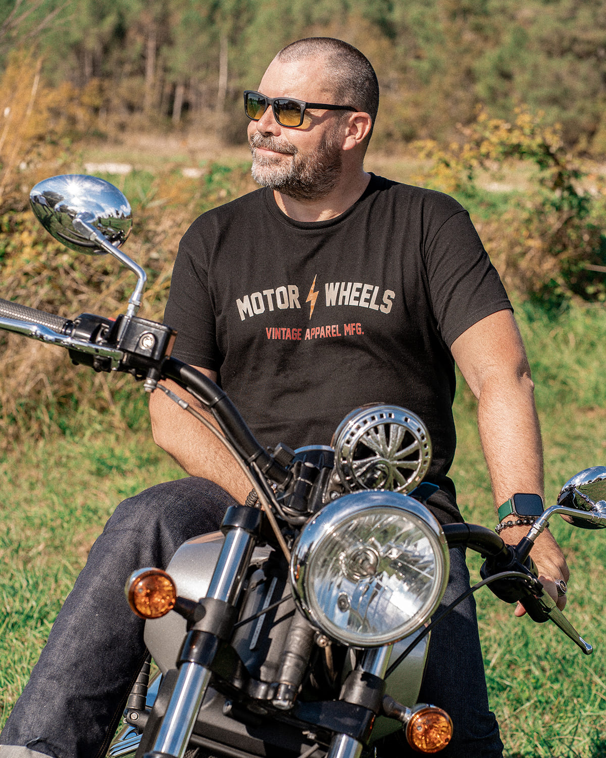 T-shirt "Let’s Ride" Motor Wheels, design vintage biker avec impression chopper au dos