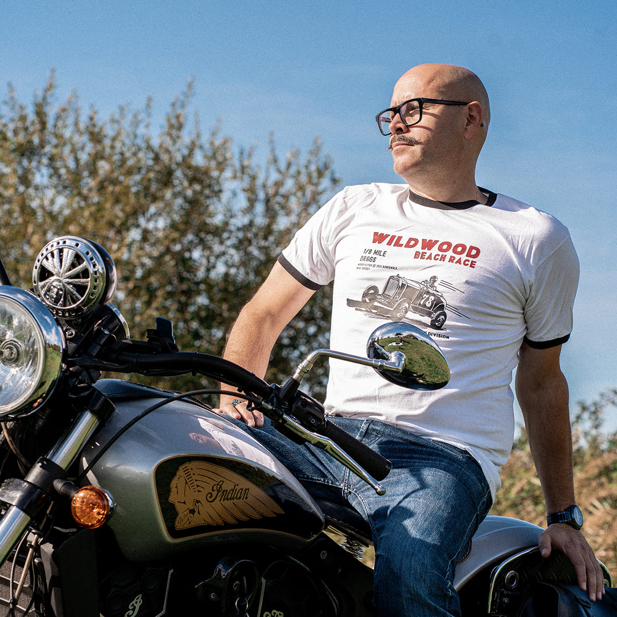 T-shirt ringer "WILDWOOD", blanc et bleu, inspiré des beach races, style vintage, Motor Wheels Clothing