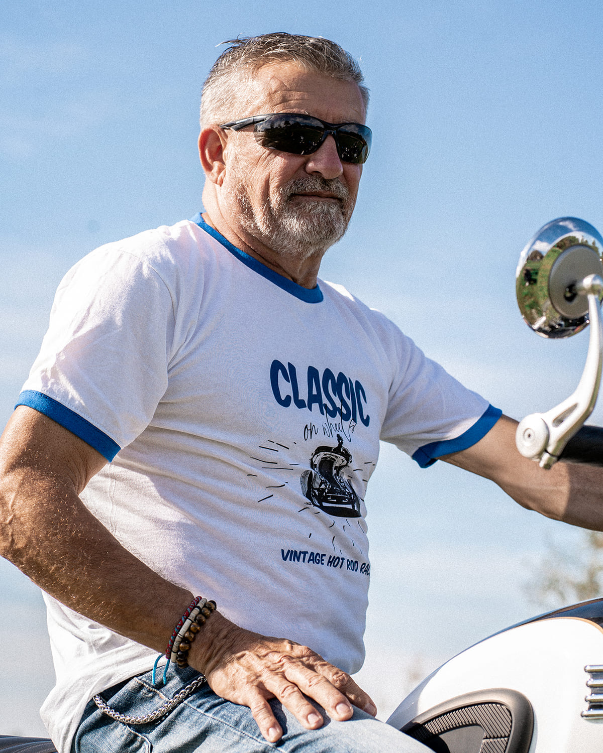 T-shirt ringer "Classic on Wheels", blanc et noir, look vintage garage, Motor Wheels Clothing