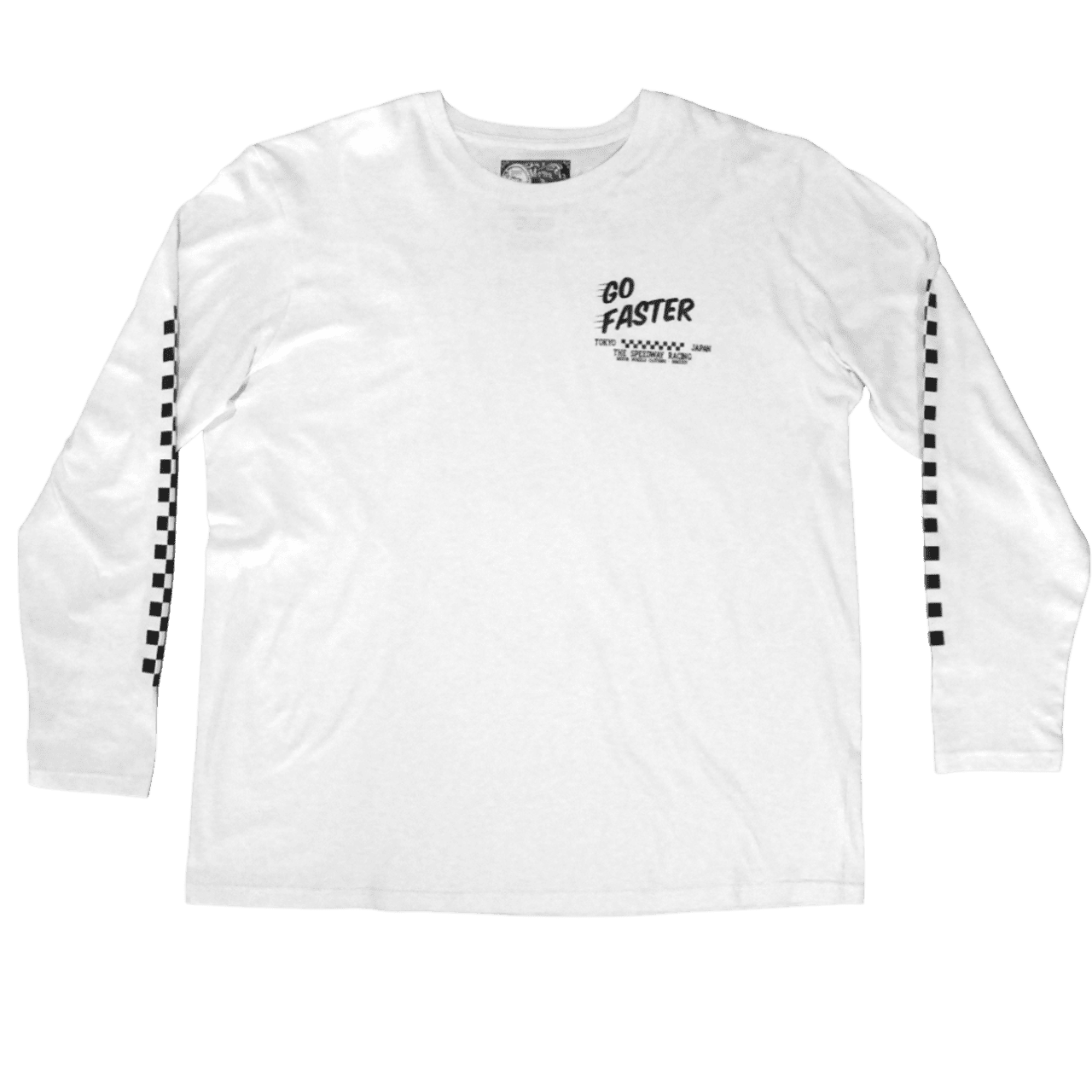 T-shirt blanc "Go Faster" Motor Wheels avec visuel motard et graphisme racing style japonais