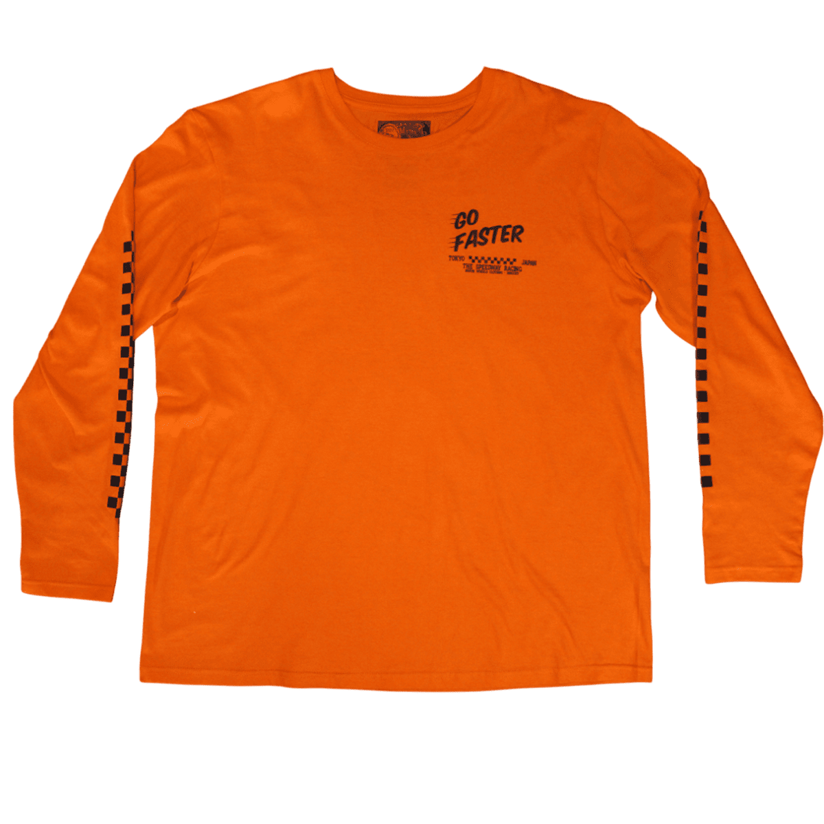 T-shirt orange "Go Faster" Motor Wheels avec visuel motard et graphisme racing style japonais