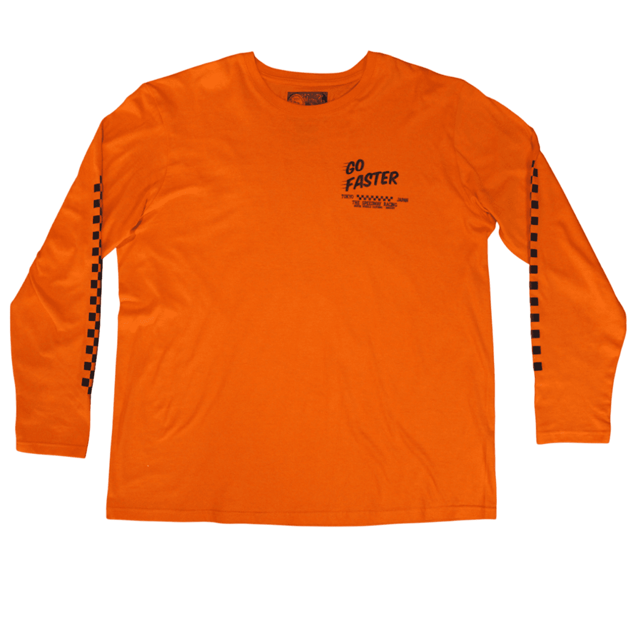 T-shirt orange "Go Faster" Motor Wheels avec visuel motard et graphisme racing style japonais