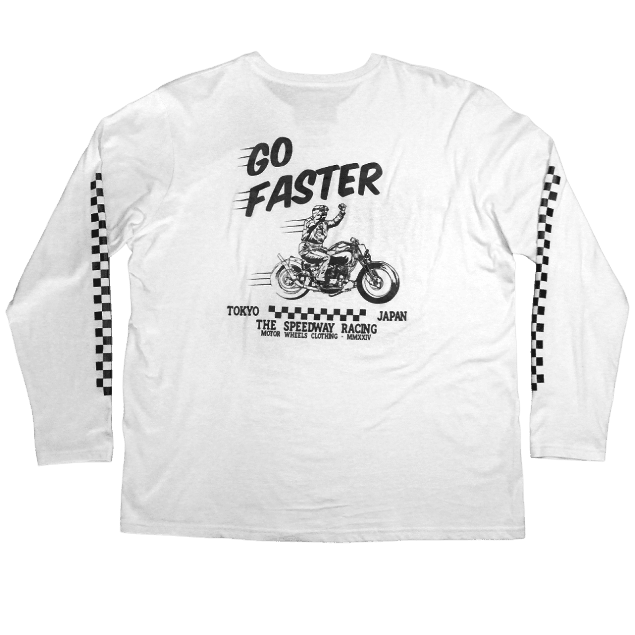 T-shirt blanc "Go Faster" Motor Wheels avec visuel motard et graphisme racing style japonais