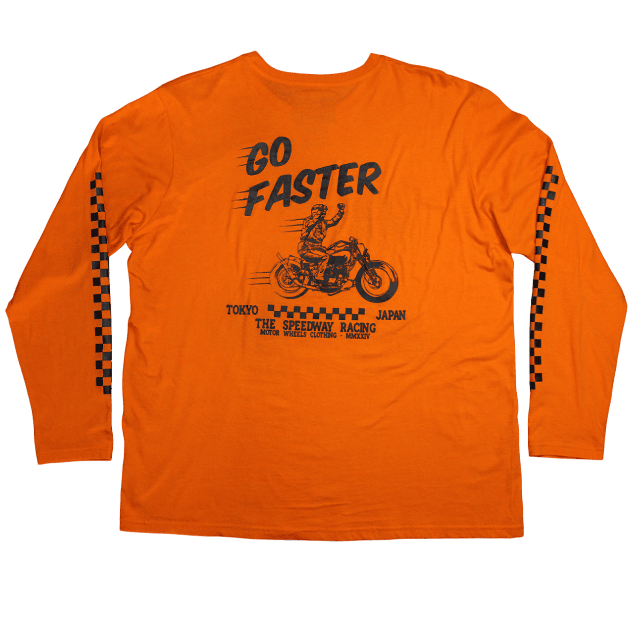 T-shirt orange "Go Faster" Motor Wheels avec visuel motard et graphisme racing style japonais