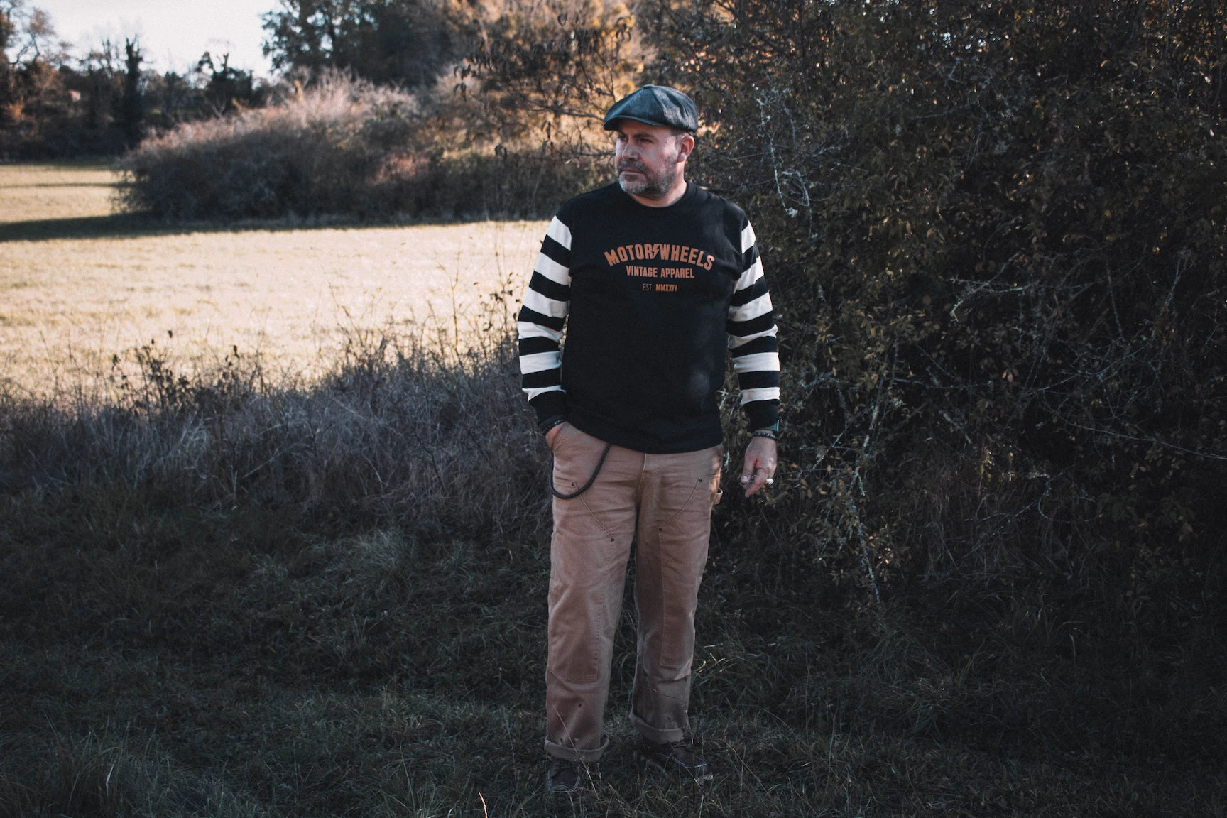 Jersey vintage noir à manches longues rayées blanches et noires Motor Wheels, coton épais 280g