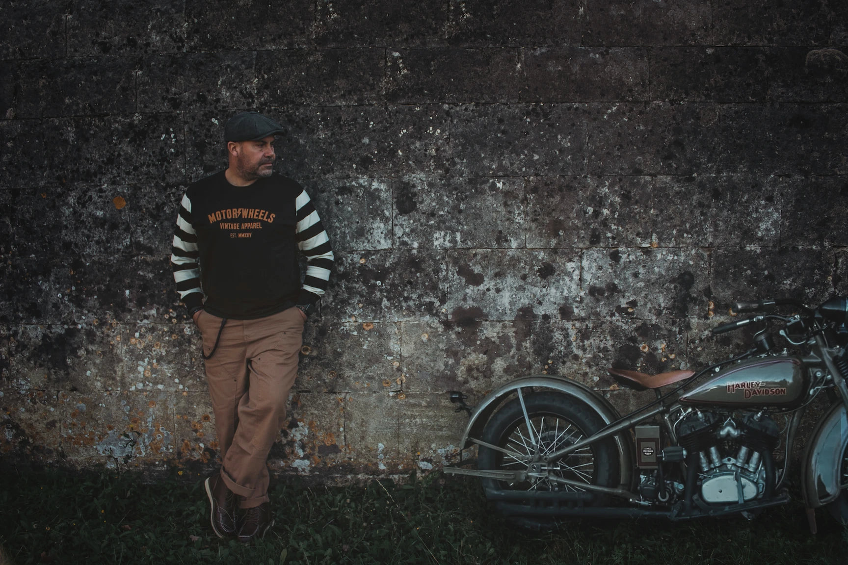 Jersey vintage noir à manches longues rayées blanches et noires Motor Wheels, coton épais 280g