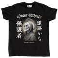 T-shirt noir "Protecteur de la Route" Motor Wheels avec moine-squelette auréolé et caractères japonais "Protecteur de la route"