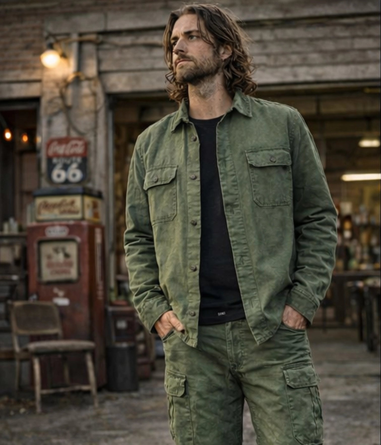 surchemise workwear verte Motor Wheels Clothing en coton biologique, style vintage, avec poches poitrine et boutons contrastés.