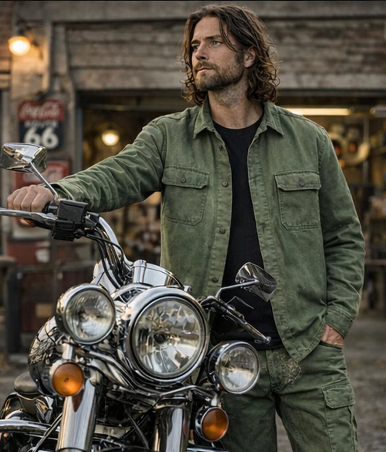 surchemise workwear verte Motor Wheels Clothing en coton biologique, style vintage, avec poches poitrine et boutons contrastés.