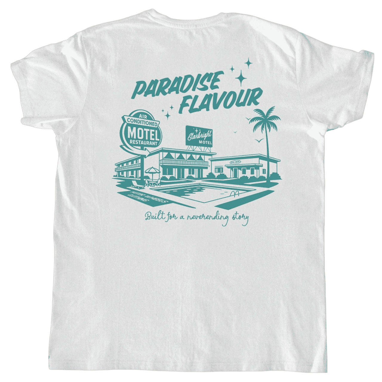 T-shirt blanc "Paradise Flavour" Motor Wheels avec motif rétro motel et slogan "Built for a neverending story"