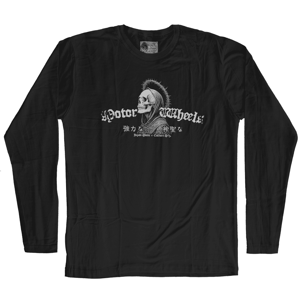 T-shirt noir manches longues "Angel of Mercy" Motor Wheels avec ange squelettique, halo d’épines et lettrage gothique