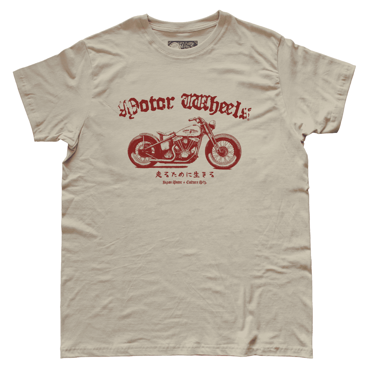 T-shirt "Bobber Sacred" Motor Wheels avec moto bobber old school et caractères japonais "Vivre pour rouler"
