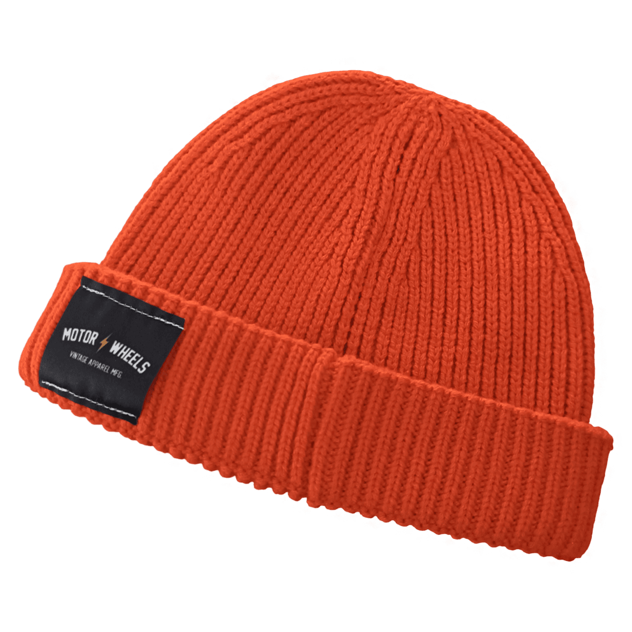 Bonnet orange côtelé “Dockland” Motor & Wheels, style vintage côtier, maille recyclée et coupe courte.