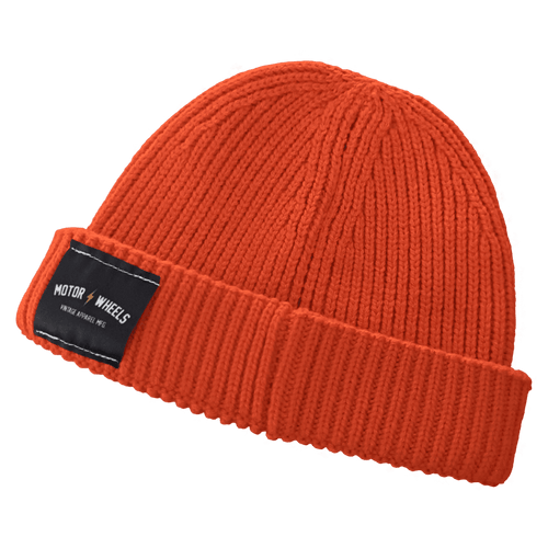 Bonnet orange côtelé “Dockland” Motor & Wheels, style vintage côtier, maille recyclée et coupe courte.