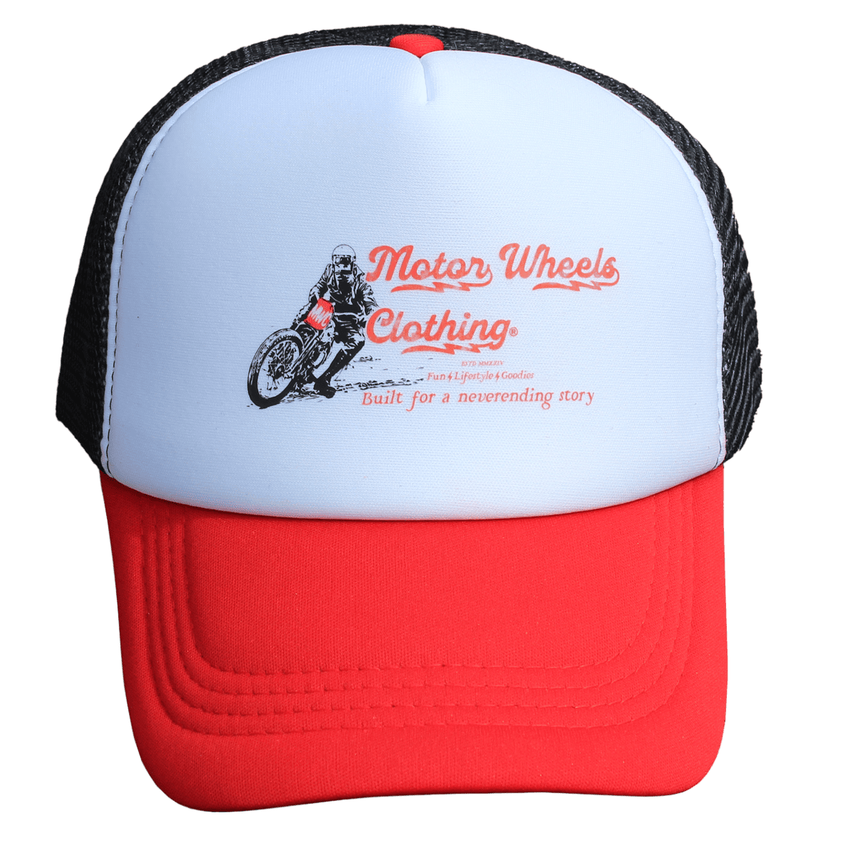Casquette trucker Motor Wheels blanche, rouge et noire avec illustration biker vintage et logo "Motor Wheels Clothing".