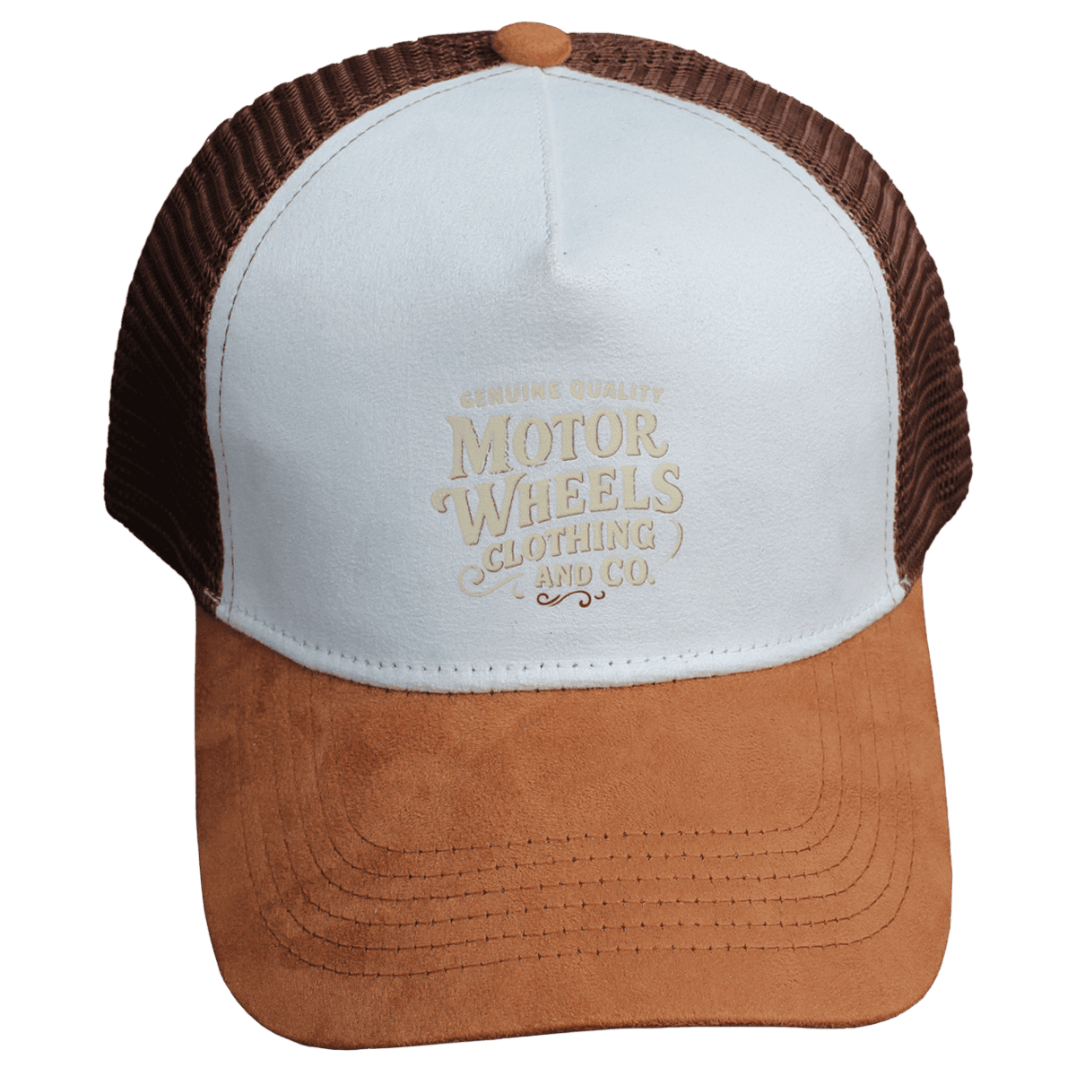 Casquette Trucker "Signature" Motor Wheels avec visière camel en suédine, panneau blanc et mesh marron