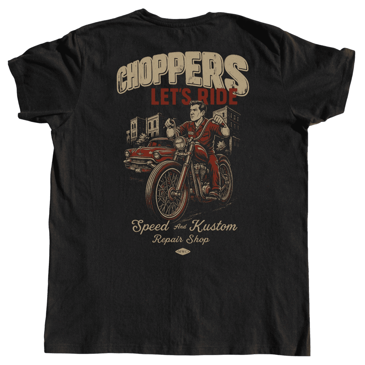 T-shirt "Let’s Ride" Motor Wheels, design vintage biker avec impression chopper au dos