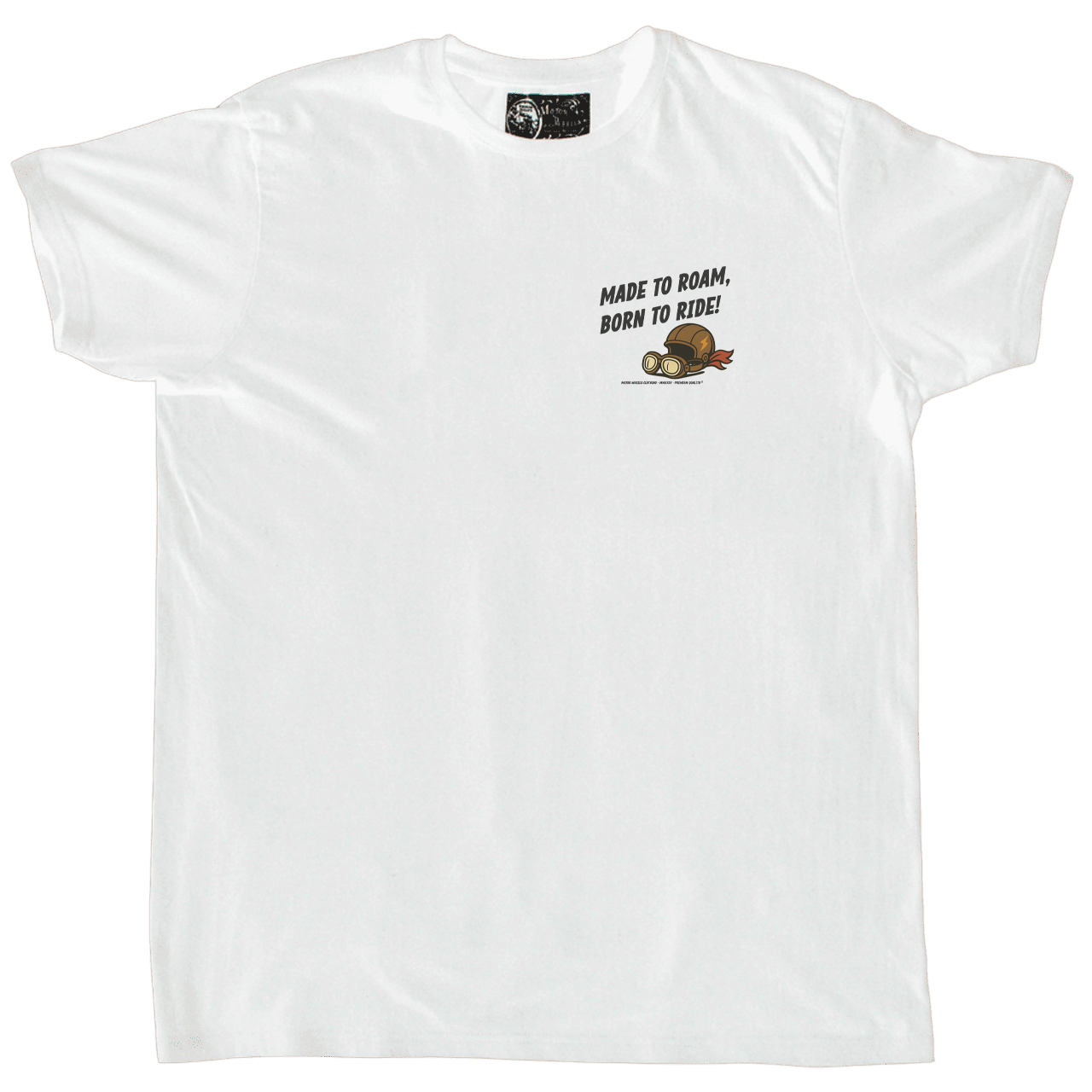 T-shirt blanc Speed Crow Rider avec un corbeau motard vintage, slogans “Made to roam, born to ride” et “Speed, smoke & style”, conçu pour les passionnés de moto et de style rétro.