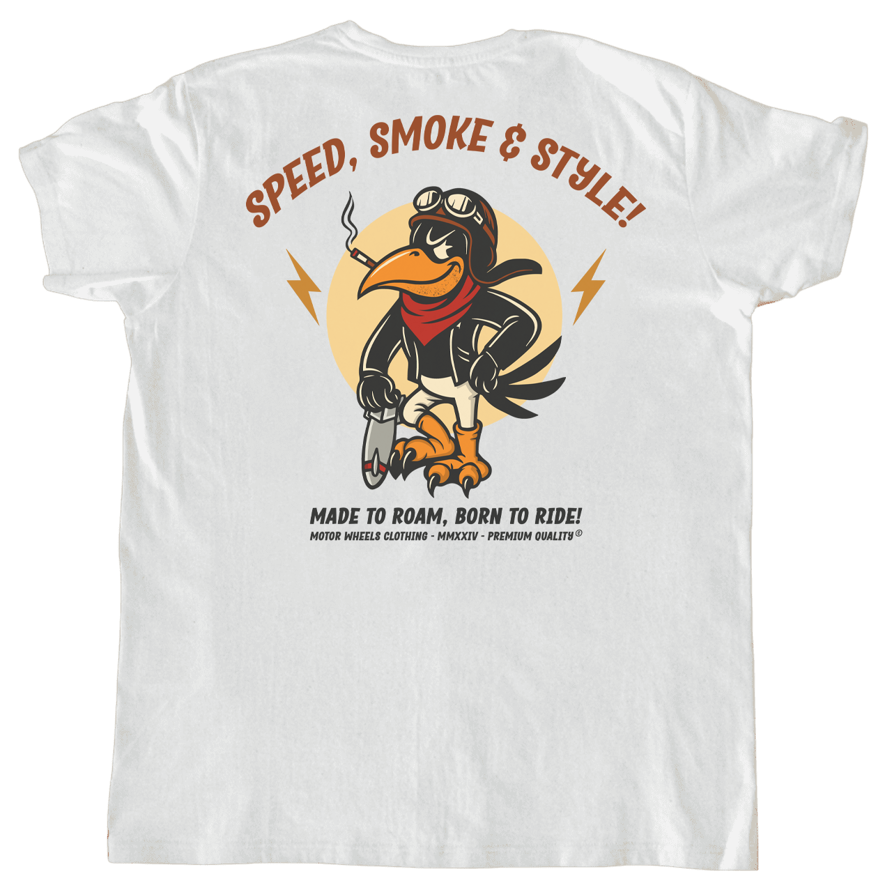 T-shirt blanc Speed Crow Rider avec un corbeau motard vintage, slogans “Made to roam, born to ride” et “Speed, smoke & style”, conçu pour les passionnés de moto et de style rétro.