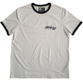 T-shirt ringer blanc à bords noirs Motor Wheels Clothing vu de face avec logo imprimé sur la poitrine