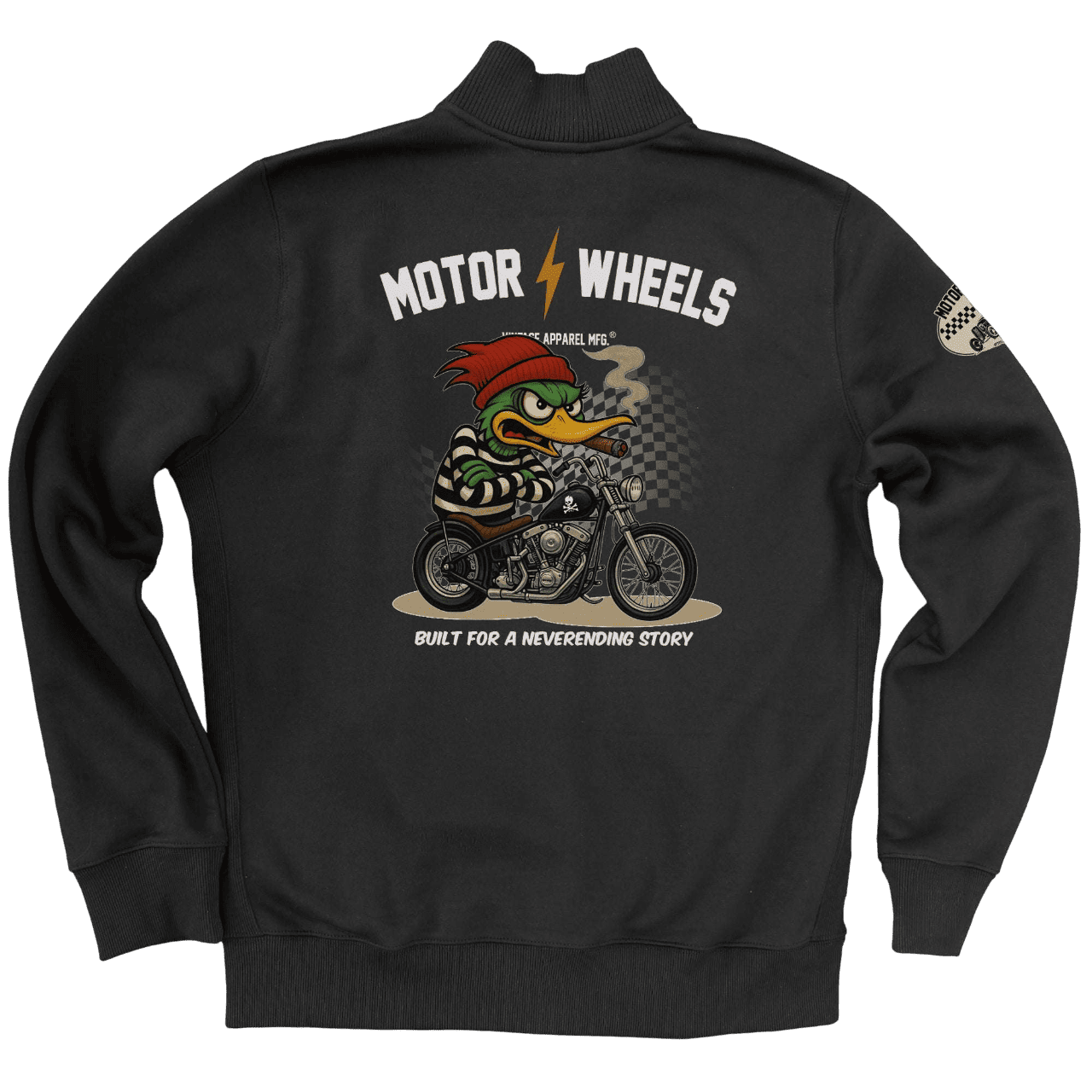 Veste noire "Lost Angels" Motor Wheels avec tête de démon rouge auréolé et lettrage biker rétro