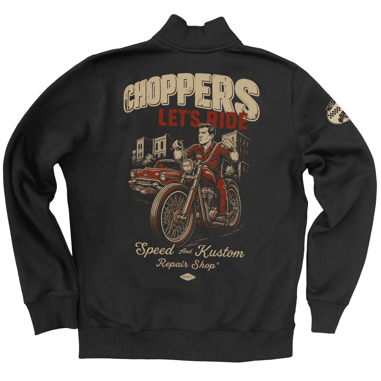 Veste noire Motor Wheels avec illustration rétro d’un biker sur chopper et lettrage “Choppers Let’s Ride”