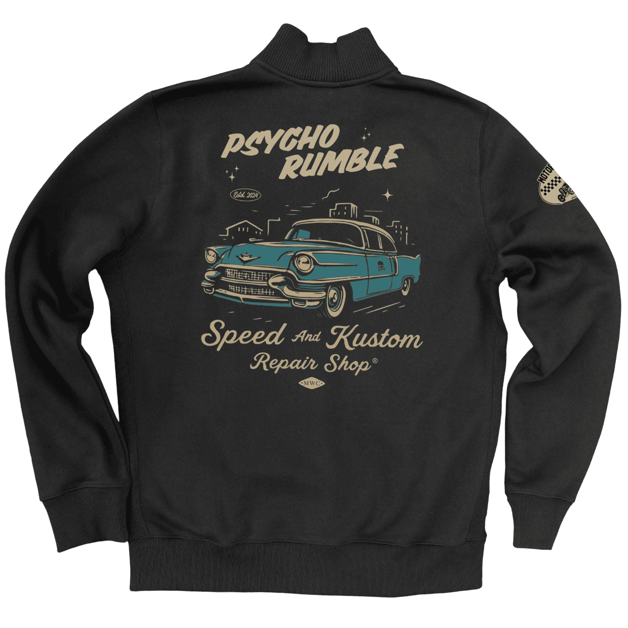 Veste noire "Psycho Rumble" Motor Wheels avec visuel rétro hot-rod bleu et lettrage beige