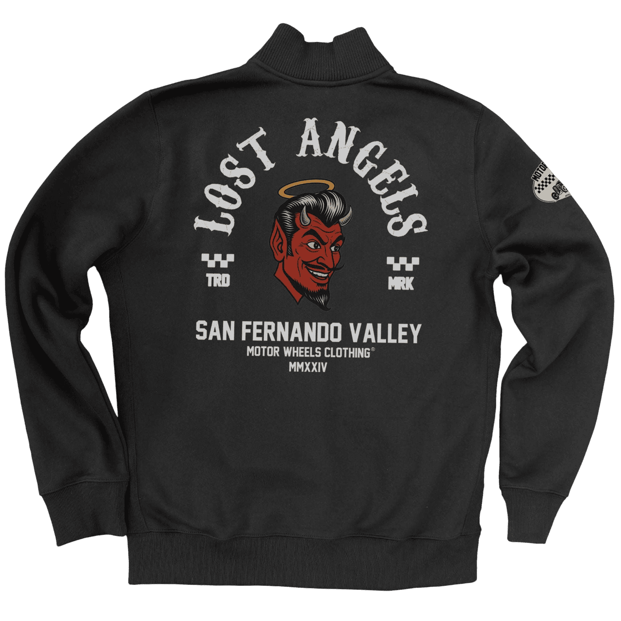 Veste noire "Lost Angels" Motor Wheels avec tête de démon rouge auréolé et lettrage biker rétro