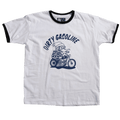 T-shirt blanc ringer "Dirty Gasoline" avec illustration cartoon d’un canard biker sur chopper et lettrage vintage