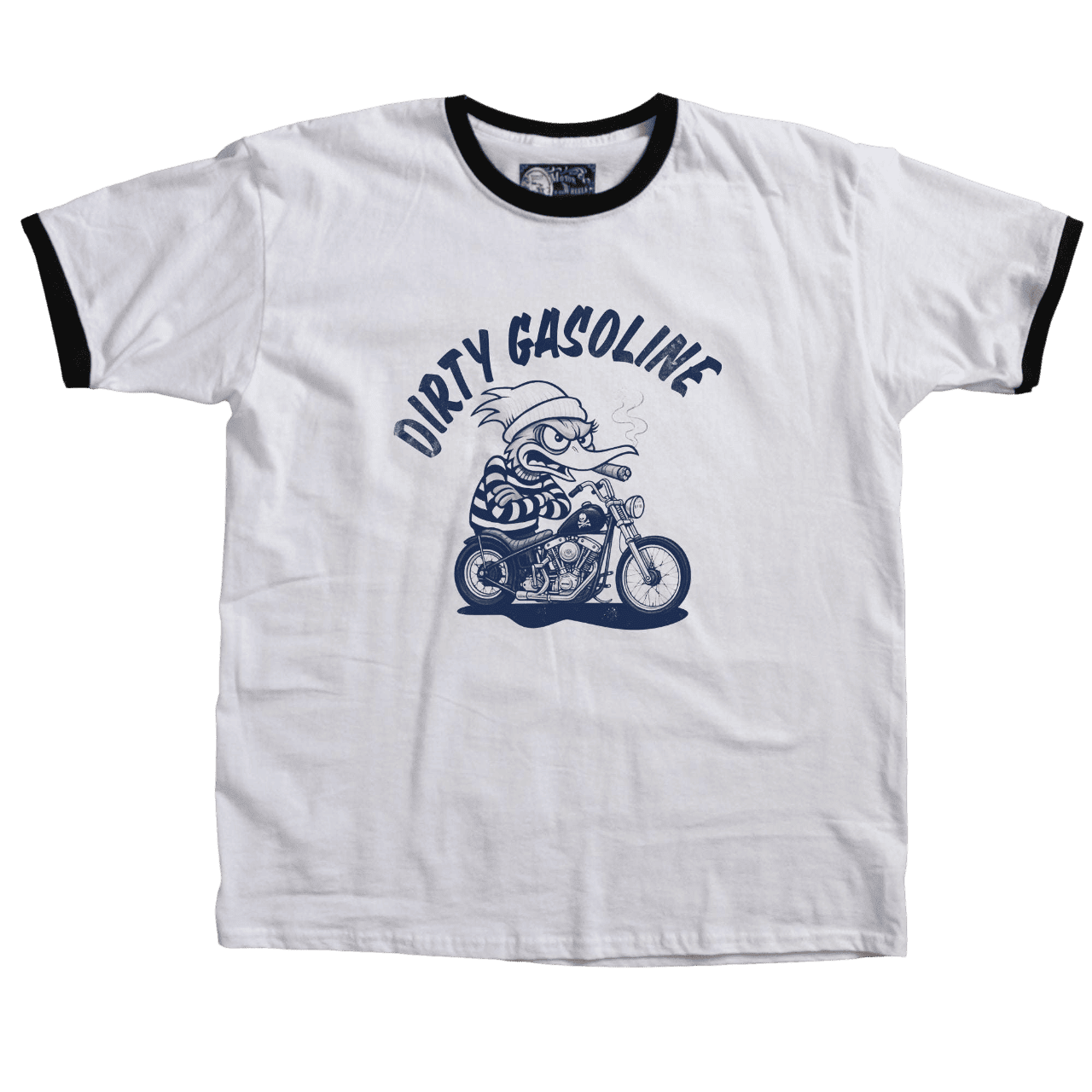 T-shirt blanc ringer "Dirty Gasoline" avec illustration cartoon d’un canard biker sur chopper et lettrage vintage